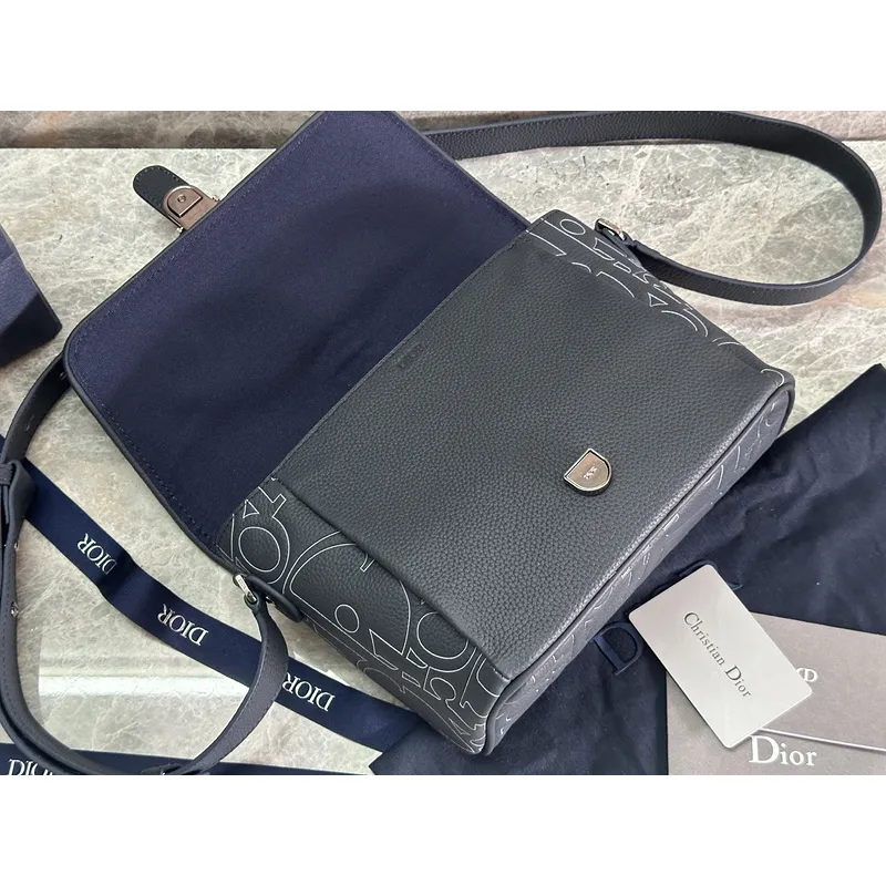 D-ior - Inspired Embossed Leather Crossbody Bag in Navy Blue size:28×18×9.5cm #A53899