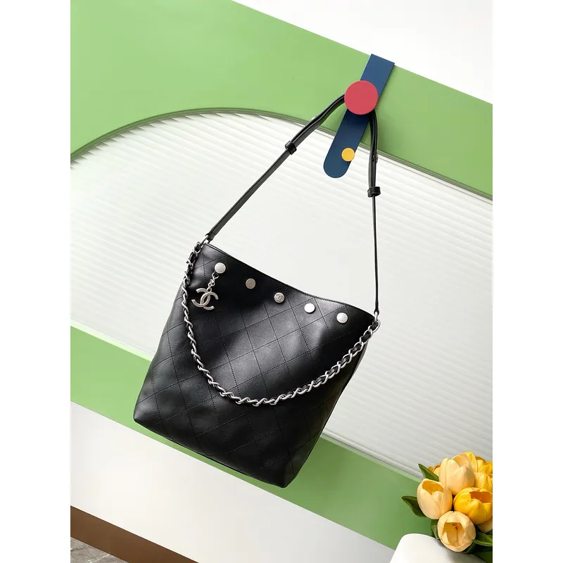Chanel Black Quilted Leather Bucket Bag With Chain And Logo Accents #A50981