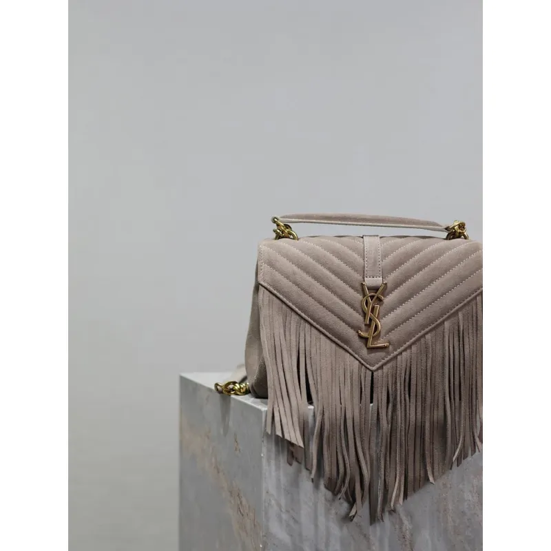 SAINT LAURENT Loulou Fringe Medium Shoulder Bag – Dusty Beige Suede with Chevron Quilt & Gold YSL Logo (Convertible Chain Strap) #A58779