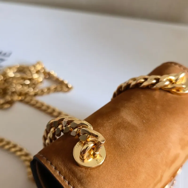 Celine Womens Mini Crossbody Bag - Tan Suede Leather, Gold-Tone Triomphe Logo Chain Strap, Luxury Compact Shoulder Bag for Fashion Enthusiasts #A56846