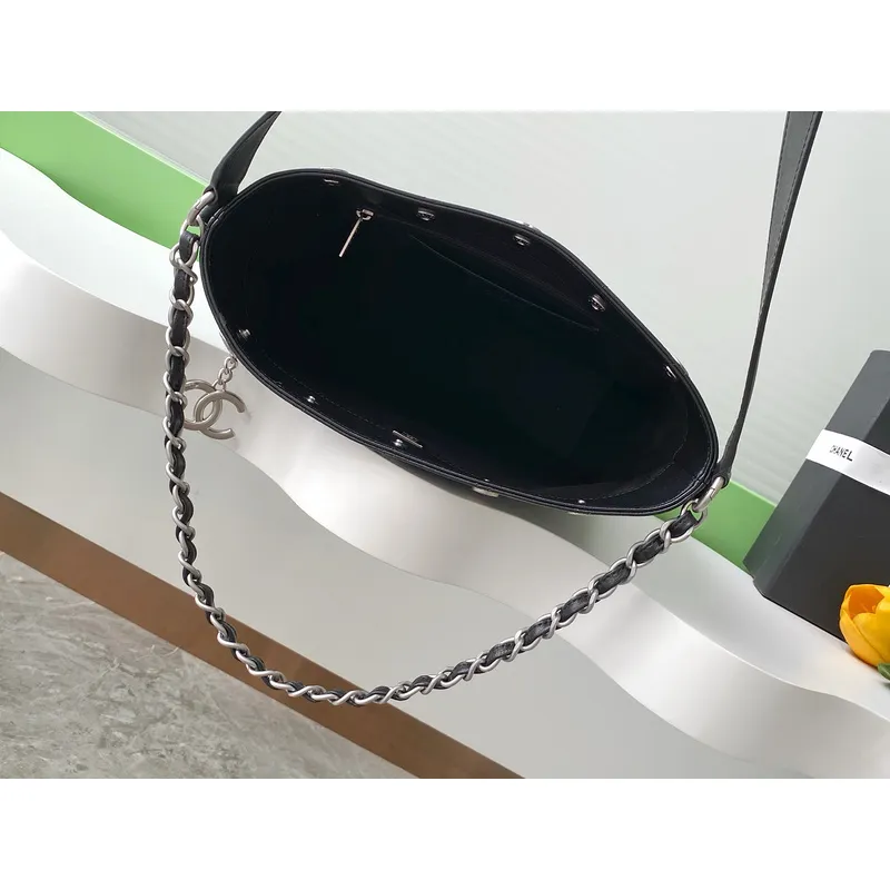 Chanel Black Quilted Leather Bucket Bag With Chain And Logo Accents #A50981