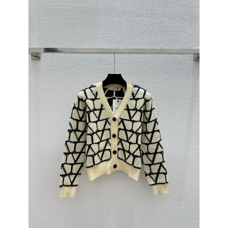 valentino Womens V Neck Cardigan Sweaters Iconic V Logo Pattern in Dual Colors for Luxury Fashion Enthusiasts #A57753