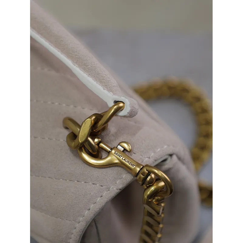 SAINT LAURENT Loulou Small Envelope Crossbody Bag – Blush Suede with Chevron Quilt & Gold YSL Logo (Detachable Chain Strap) #A58780 SAINT LAURENT Loulou Small Envelope Crossbody Bag – Blush Suede with Chevron Quilt & Gold YSL Logo (Detachable Chain Strap) #A58780