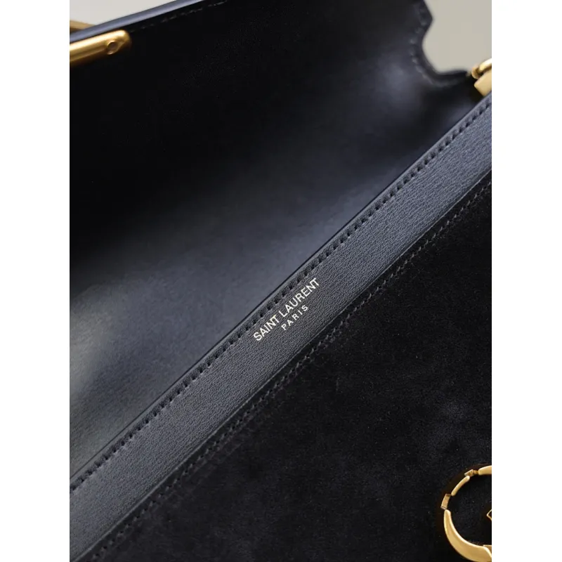 SAINT LAURENT Cassandra Envelope Crossbody Bag Set – Tan Leather-Suede & Black Velvet with Gold YSL Logo (Detachable Chain Strap) #A58773