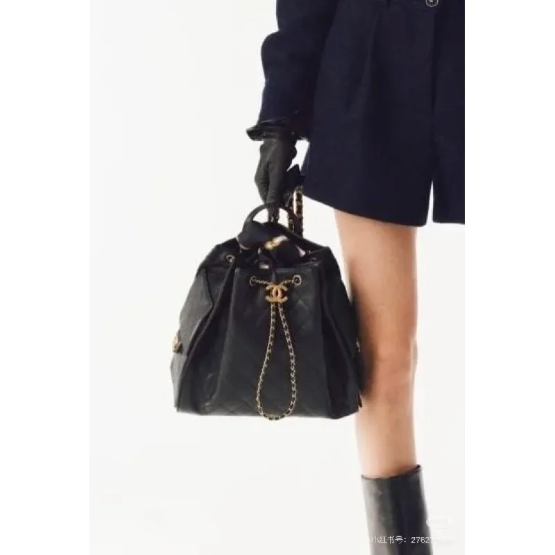 Small Hippie Backpack Drawstring Bucket Bag with Vintage Gold Coin Buttons and Diamond Pattern and Vintage Black and Gold Bag #A54522