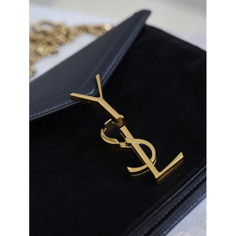 SAINT LAURENT Cassandra Envelope Crossbody Bag Set – Tan Leather-Suede & Black Velvet with Gold YSL Logo (Detachable Chain Strap) #A58773