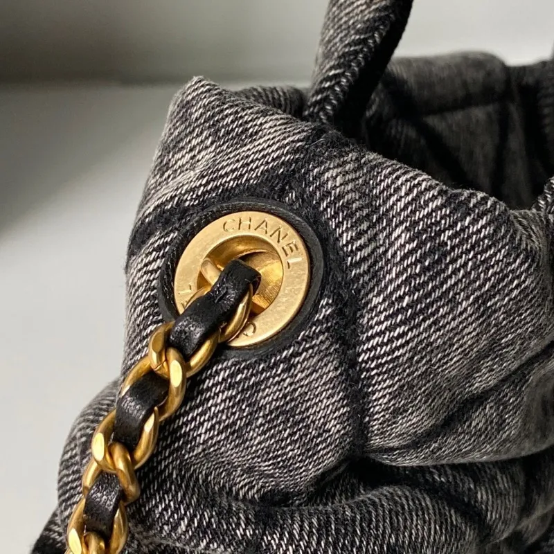 Chanel Womens Top Handle Bag - Gray Textured Fabric with Quilted Design, Gold-Tone CC Logo & Chain Strap, Luxurious Handbag for Fashion-Forward Style #A56746