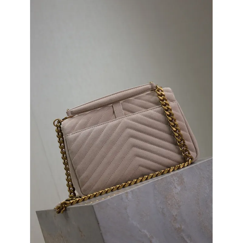 SAINT LAURENT Loulou Small Envelope Crossbody Bag – Blush Suede with Chevron Quilt & Gold YSL Logo (Detachable Chain Strap) #A58780 SAINT LAURENT Loulou Small Envelope Crossbody Bag – Blush Suede with Chevron Quilt & Gold YSL Logo (Detachable Chain Strap) #A58780