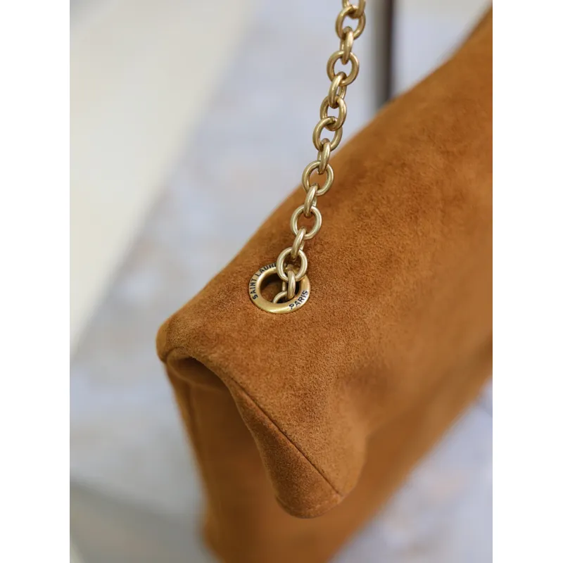SAINT LAURENT Cassandra Large Envelope Shoulder Bag – Tan Suede with Gold YSL Logo (Detachable Chain Strap) #A58782