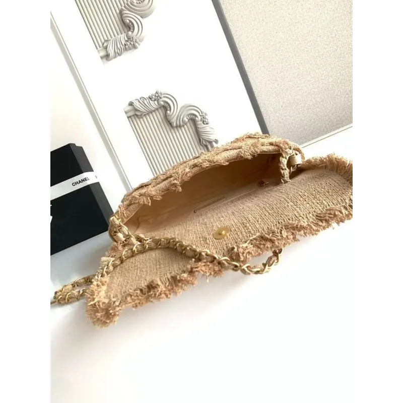 Chanel Womens Evening Bag - Beige Textured Fabric with Fringe Details, Gold-Tone CC Logo & Chain Strap, Luxury Clutch for Elegant Occasions #A56743