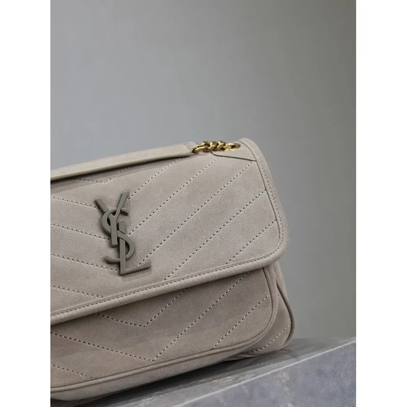 SAINT LAURENT Loulou Medium Shoulder Bag – Light Beige Suede with Chevron Quilt & Tone-On-Tone YSL Logo (Convertible Chain Strap) #A58775