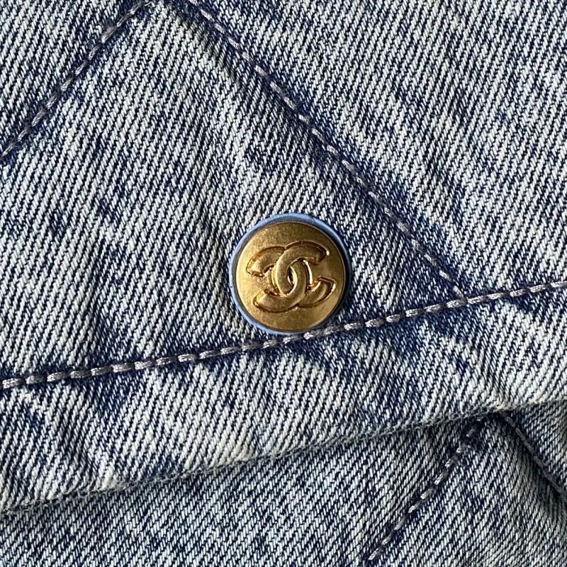 Chanel Womens Denim Tote Bag - Quilted Design, Light Blue Denim Fabric, Gold-Tone CC Logo & Chain Strap with Lock Detail, Spacious Luxury Handbag with Functional Pockets #A56747
