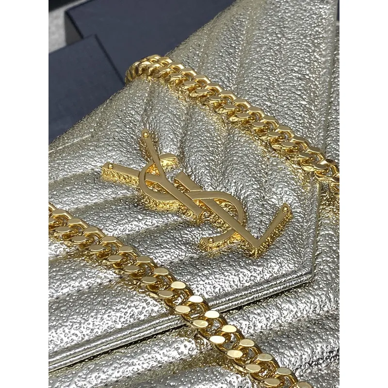 Glamorous Saint Laurent Metallic Gold Chain Wallet with Iconic YSL Logo Detailing #A50104 Glamorous Saint Laurent Metallic Gold Chain Wallet with Iconic YSL Logo Detailing #A50104