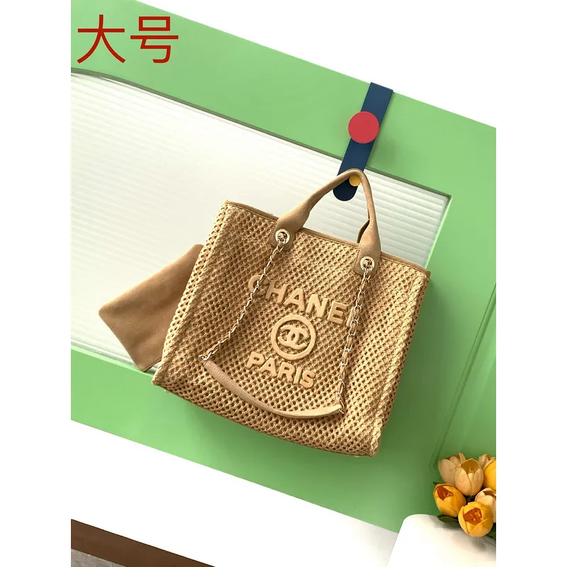 Chanel Woven Tote Textured Raffia Signature Logo &amp Chain Embracing Summer Elegance size38 #A54203