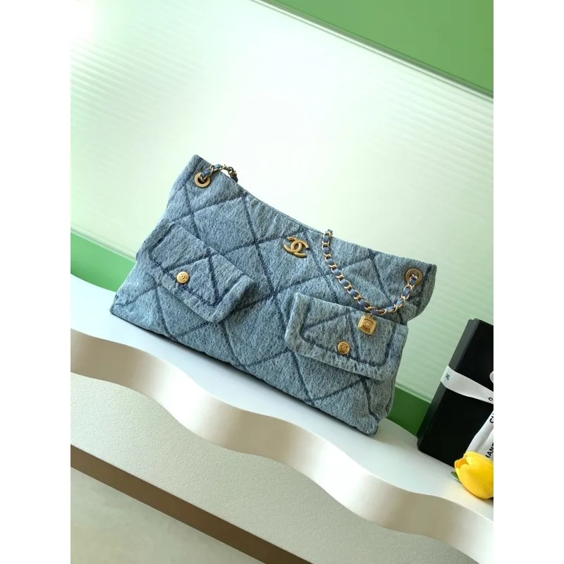 Chanel Womens Denim Shoulder Bag - Quilted Design, Gold-Tone CC Logo & Chain Strap, Stylish Denim Flap Bag with Functional Pockets for Luxury Fashion #A56742