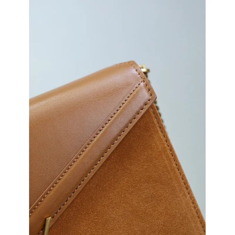 SAINT LAURENT Cassandra Envelope Crossbody Bag Set – Tan Leather-Suede & Black Velvet with Gold YSL Logo (Detachable Chain Strap) #A58773