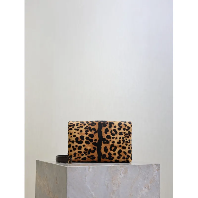 SAINT LAURENT Cassandra Envelope Crossbody Clutch – Leopard-Print Haircalf with Gold YSL Logo (Detachable Chain Strap) #A58783