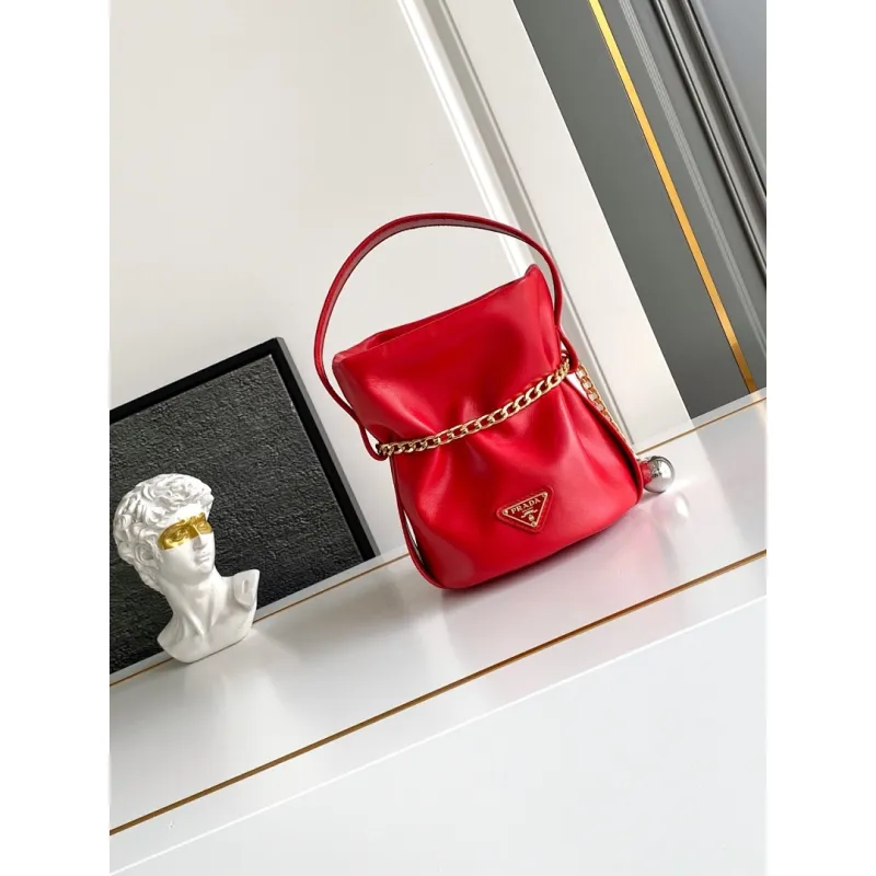 Prada Re-Edition Bucket Bag (4 Colors) – Red/Black/White/Brown Fabric with Gold-Tone Chain & Triangle Logo #A59177 Prada Re-Edition Bucket Bag (4 Colors) – Red/Black/White/Brown Fabric with Gold-Tone Chain & Triangle Logo #A59177