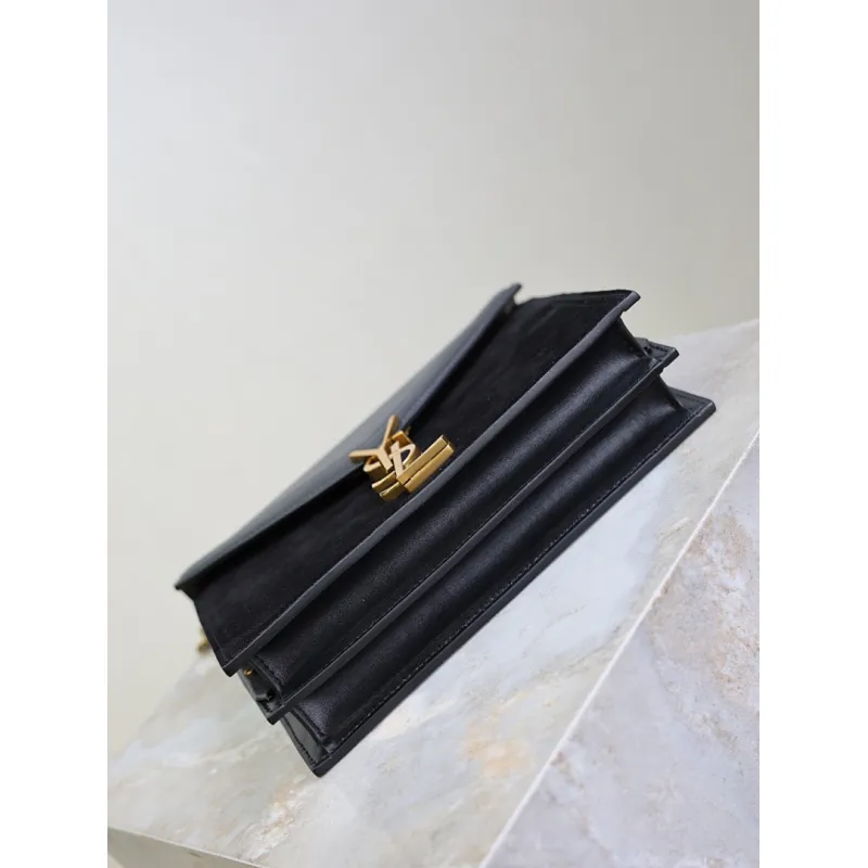 SAINT LAURENT Cassandra Envelope Crossbody Bag Set – Tan Leather-Suede & Black Velvet with Gold YSL Logo (Detachable Chain Strap) #A58773