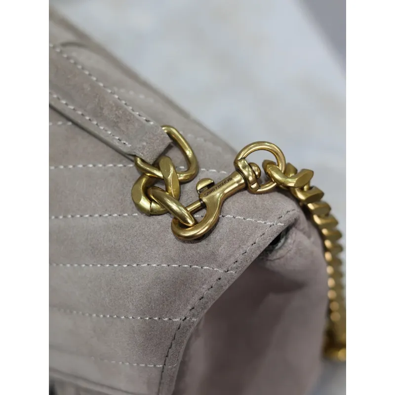 SAINT LAURENT Loulou Fringe Medium Shoulder Bag – Dusty Beige Suede with Chevron Quilt & Gold YSL Logo (Convertible Chain Strap) #A58779