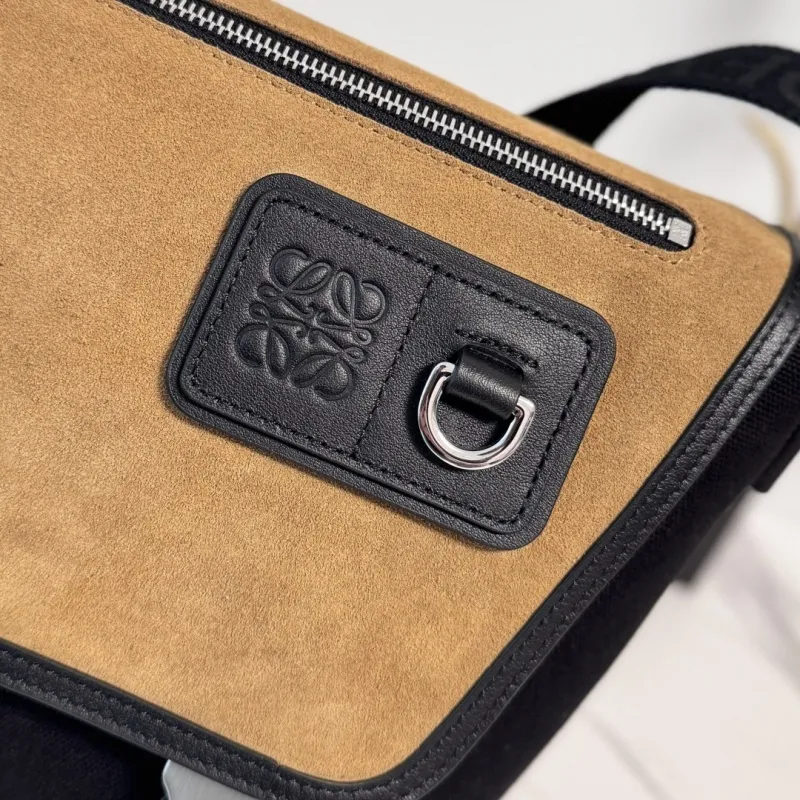 Loewe Mens Messenger Bag - Black Canvas & Tan Suede, Signature Anagram Logo, Versatile Crossbody for Urban Style #A56736
