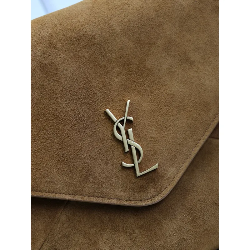 SAINT LAURENT Cassandra Large Envelope Shoulder Bag – Tan Suede with Gold YSL Logo (Detachable Chain Strap) #A58782