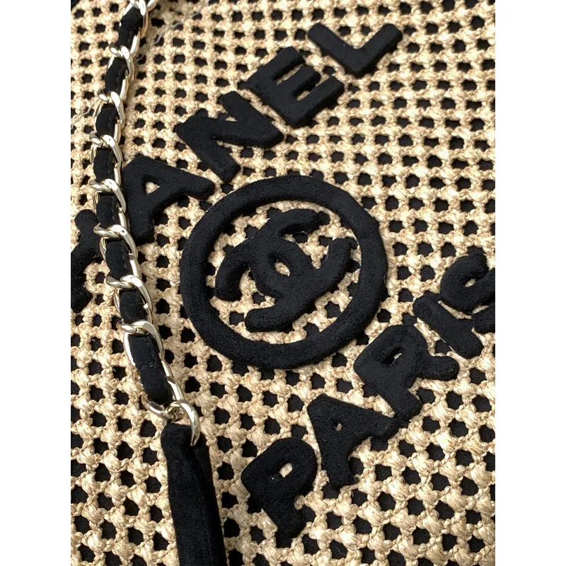 Chanel Woven Tote Textured Raffia Signature Logo &amp Chain Embracing Summer Elegance size38 #A54203