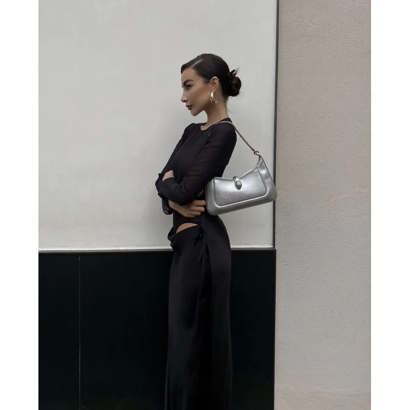 Bvlgari Serpenti Metallic Silver Handbag With Iconic Chain Strap #A51657