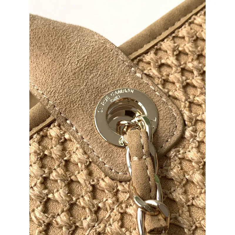 Chanel Woven Tote Textured Raffia Signature Logo &amp Chain Embracing Summer Elegance size38 #A54203