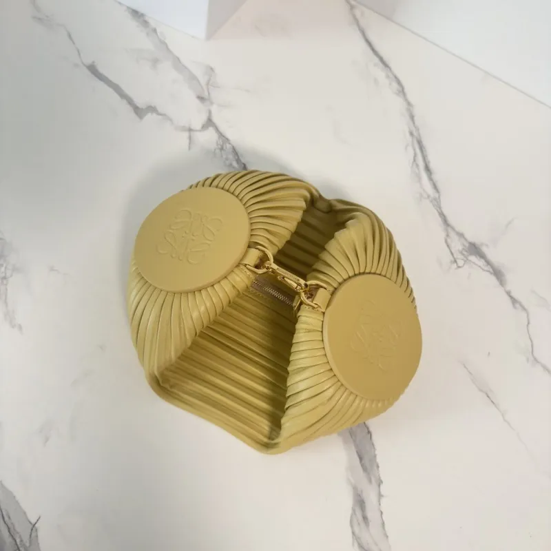 Loewe Womens Cylinder Shoulder Bag - Yellow Pleated Leather, Gold-Tone Hardware, Adjustable Strap, Stylish Barrel Bag with Anagram Logo #A56849