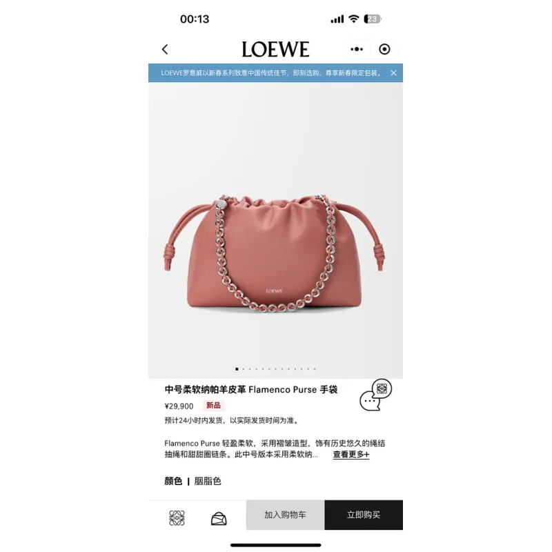 Loewe Flamenco Purse Nappa Leather Shoulder Bag, 30 x 10.5 x 20 cm #A63232
