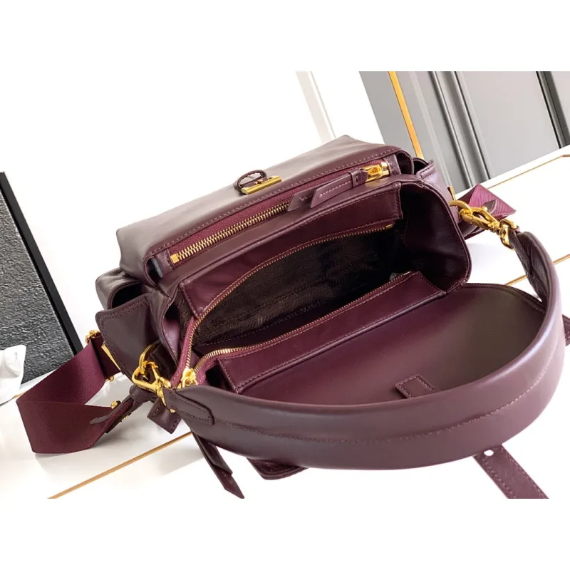Prada Cahier Messenger Bag (2 Colors) – Burgundy/Black Leather with Gold-Tone Triangle Logo & Buckle Hardware #A59179
