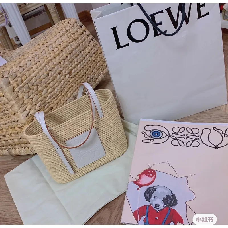 LOEWE Straw Tote Bag With White Leather Logo Patch And Dual Handles size:30×21×11cm #A54072
