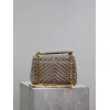 SAINT LAURENT Loulou Fringe Medium Shoulder Bag – Dusty Beige Suede with Chevron Quilt & Gold YSL Logo (Convertible Chain Strap) #A58779