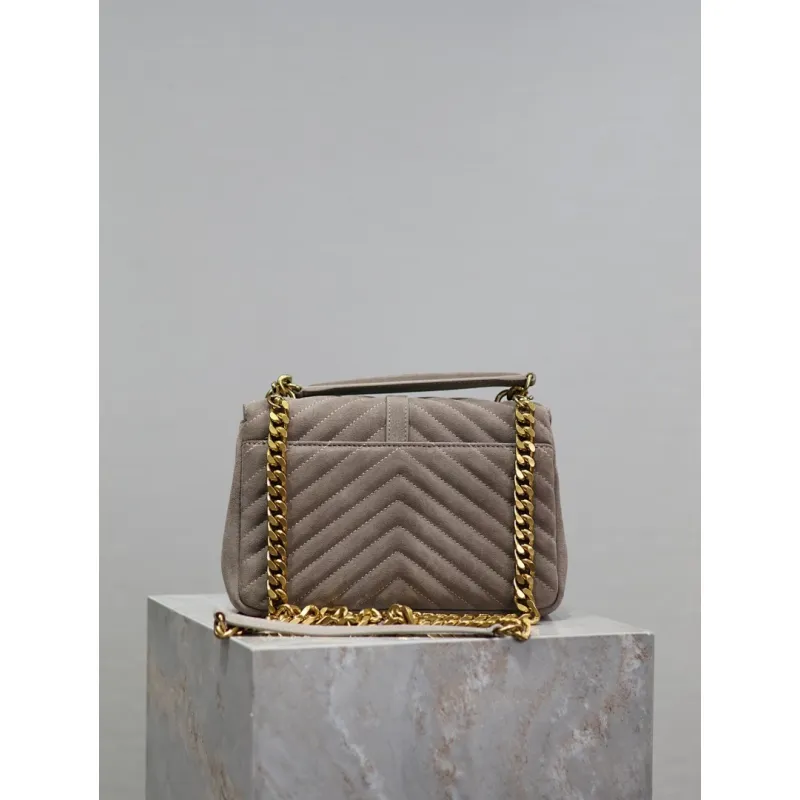 SAINT LAURENT Loulou Fringe Medium Shoulder Bag – Dusty Beige Suede with Chevron Quilt & Gold YSL Logo (Convertible Chain Strap) #A58779