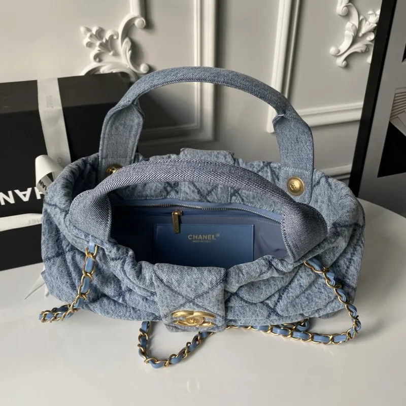 Chanel Womens Denim Handbag - Quilted Design, Blue Denim Fabric, Gold-Tone CC Logo & Chain Strap, Stylish Top-Handle Bag for Luxury Fashion #A56745