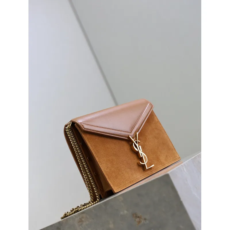 SAINT LAURENT Cassandra Envelope Crossbody Bag Set – Tan Leather-Suede & Black Velvet with Gold YSL Logo (Detachable Chain Strap) #A58773