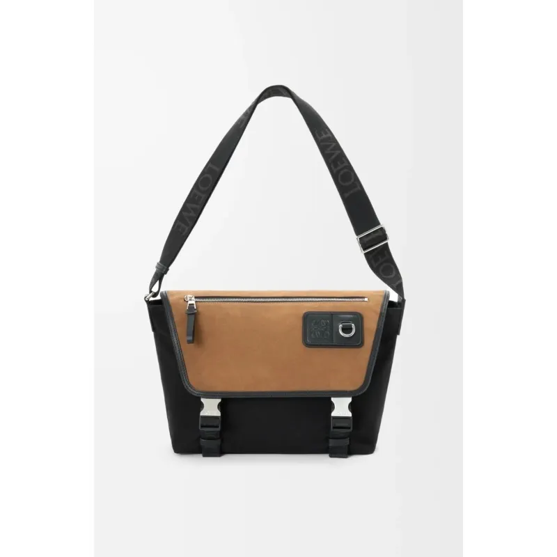 Loewe Mens Messenger Bag - Black Canvas & Tan Suede, Signature Anagram Logo, Versatile Crossbody for Urban Style #A56736
