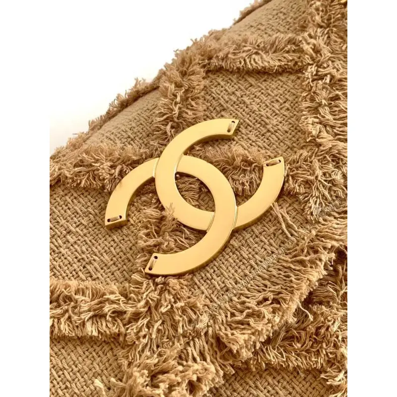 Chanel Womens Evening Bag - Beige Textured Fabric with Fringe Details, Gold-Tone CC Logo & Chain Strap, Luxury Clutch for Elegant Occasions #A56743