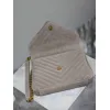 SAINT LAURENT Loulou Fringe Medium Shoulder Bag – Dusty Beige Suede with Chevron Quilt & Gold YSL Logo (Convertible Chain Strap) #A58779