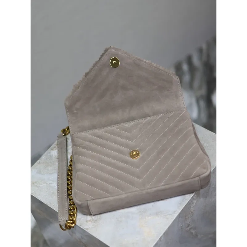 SAINT LAURENT Loulou Fringe Medium Shoulder Bag – Dusty Beige Suede with Chevron Quilt & Gold YSL Logo (Convertible Chain Strap) #A58779