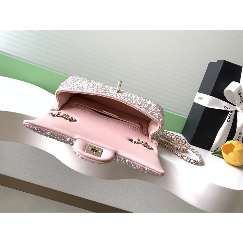 Chanel Pink Crystal Embellished Evening Bag 13x21x8cm #A64993