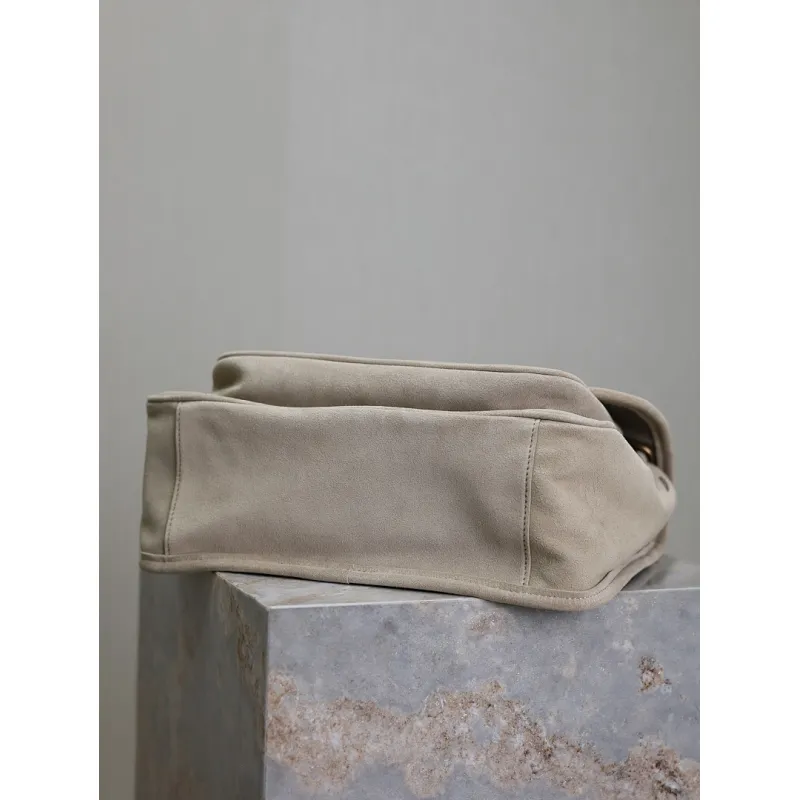 SAINT LAURENT Loulou Medium Shoulder Bag – Light Beige Suede with Chevron Quilt & Tone-On-Tone YSL Logo (Convertible Chain Strap) #A58775