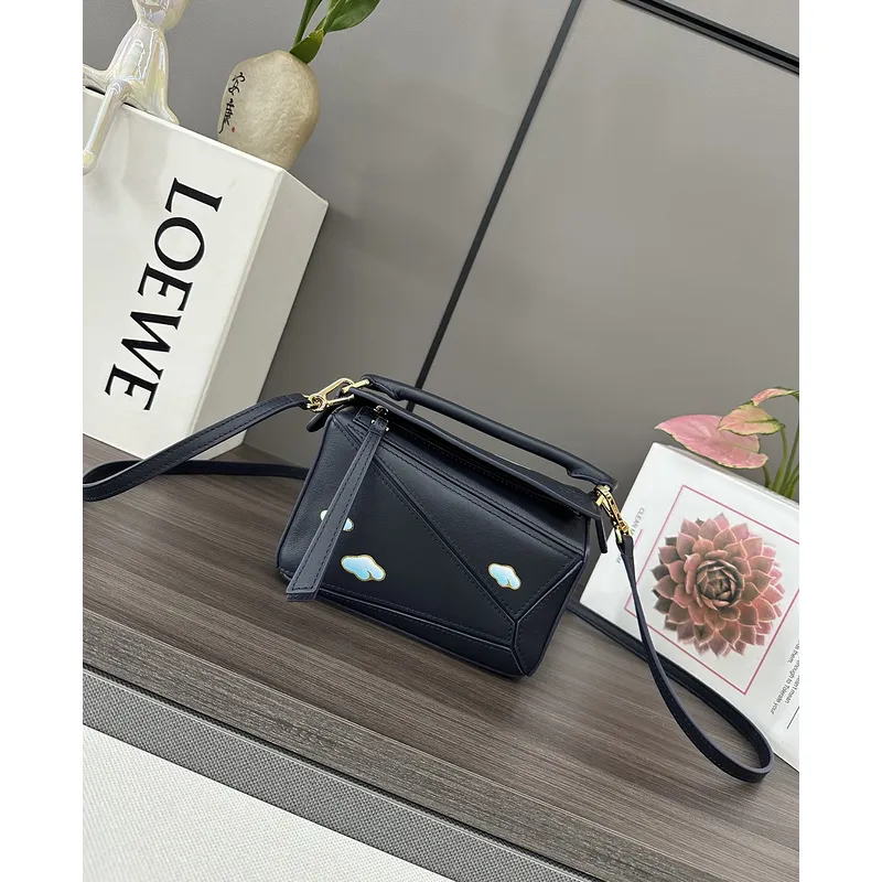 Loewe Puzzle Bag Small Navy Blue Leather with Cloud Design Accents #A50945