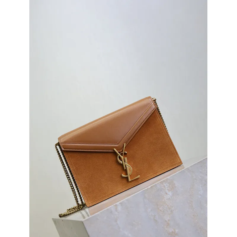 SAINT LAURENT Cassandra Envelope Crossbody Bag Set – Tan Leather-Suede & Black Velvet with Gold YSL Logo (Detachable Chain Strap) #A58773