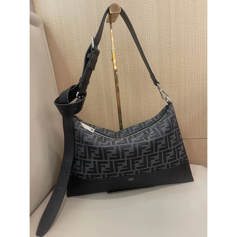 Fendi Brown And Beige FF Logo Jacquard Fabric Shoulder Bag With Leather Trims size:34×22 #A54307 Fendi Brown And Beige FF Logo Jacquard Fabric Shoulder Bag With Leather Trims size:34×22 #A54307