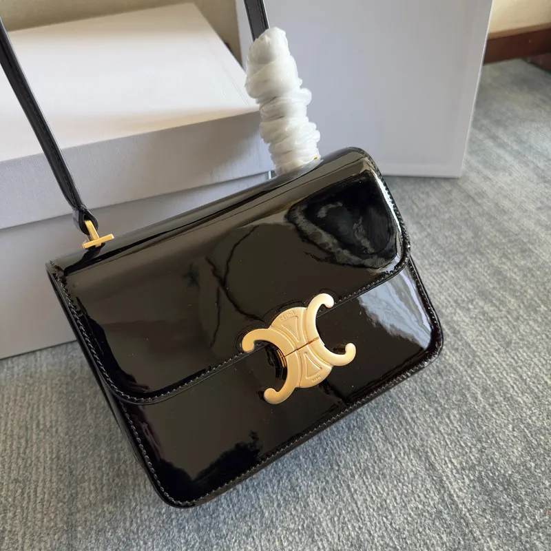 Chic Black Patent Leather Celine Handbag With Signature Gold Hardware For Fashionistas size:18×13×6cm #A54348