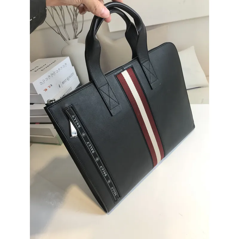 Bally Black Leather Briefcase With Iconic Stripe For Sophisticated Business Style #A51672 Bally Black Leather Briefcase With Iconic Stripe For Sophisticated Business Style #A51672