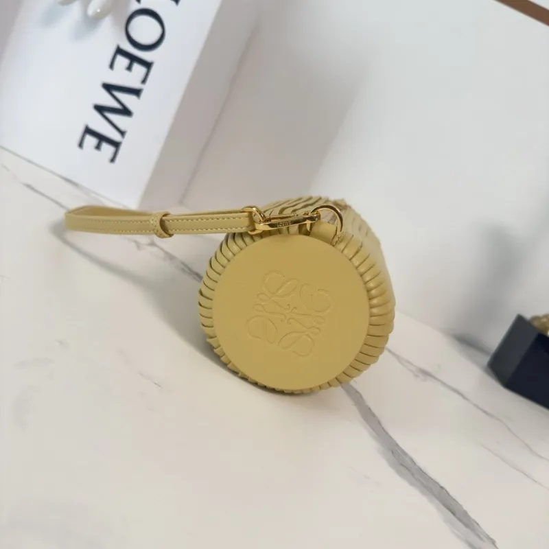 Loewe Womens Cylinder Shoulder Bag - Yellow Pleated Leather, Gold-Tone Hardware, Adjustable Strap, Stylish Barrel Bag with Anagram Logo #A56849