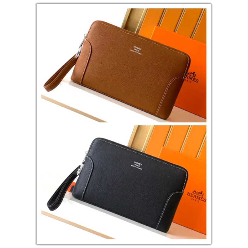 Hermès Leather Zip - Around Wristlet Clutches In Brown And Black With Branded Detailing #A50707